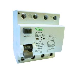 ממסר פחת  4P 63A-30mA Type A ,DC 6mA 10KA מותאם עבור 3 עמדות טעינה, דגם EKL6-63EV